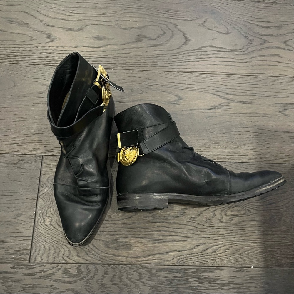 Versus By Versace Black Leather Boots with Gold Accents